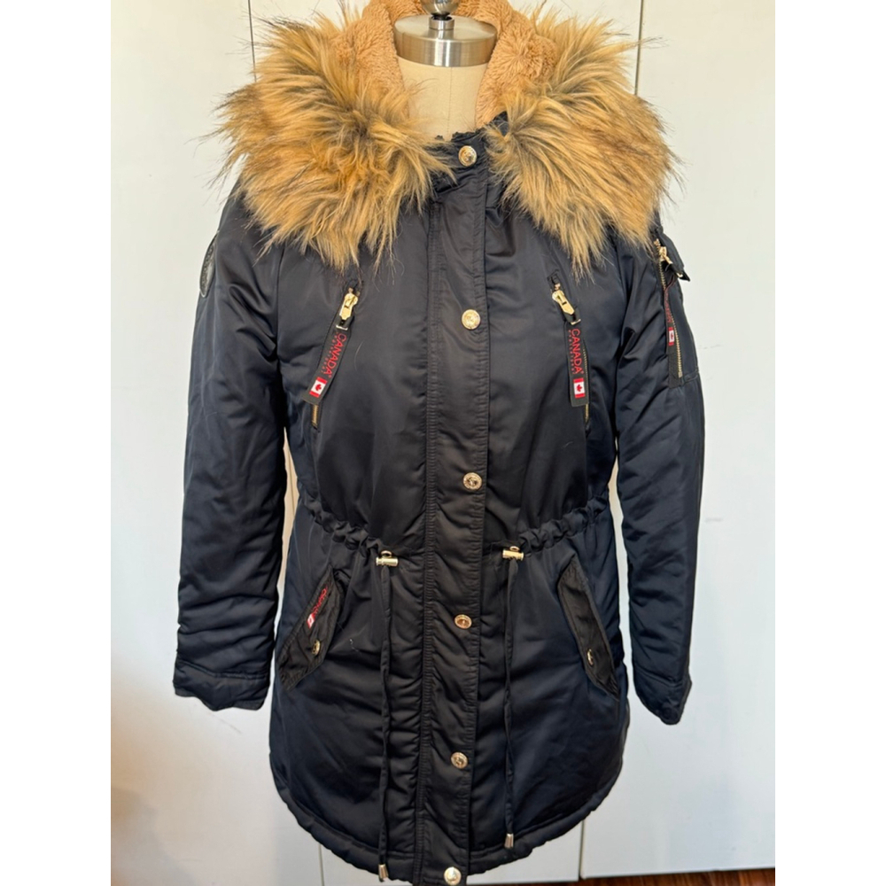 Women's CANADA weathergear Black Puffer Jacket with Tan Faux Fur Trim S